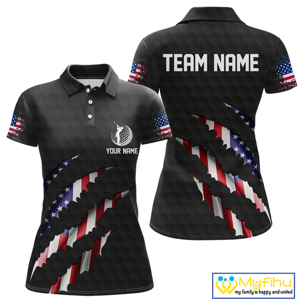 Personalized American Flag Women golf polo shirt, Custom Patriotic Golf Team Shirts For ladies| Black NQS10178