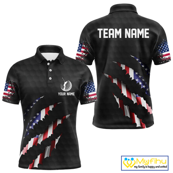 Personalized American Flag Men golf polo shirts, Custom Patriotic Golf Team Shirts For men | Black NQS10178