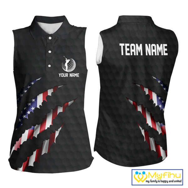 Personalized American Flag Women sleeveless polo shirt, Patriotic Golf Team Shirts For Ladies | Black NQS10178