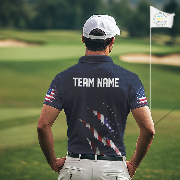 Personalized American Flag Men golf polo shirt, Custom Patriotic Golf Team Shirts For men | Navy Blue NQS10179