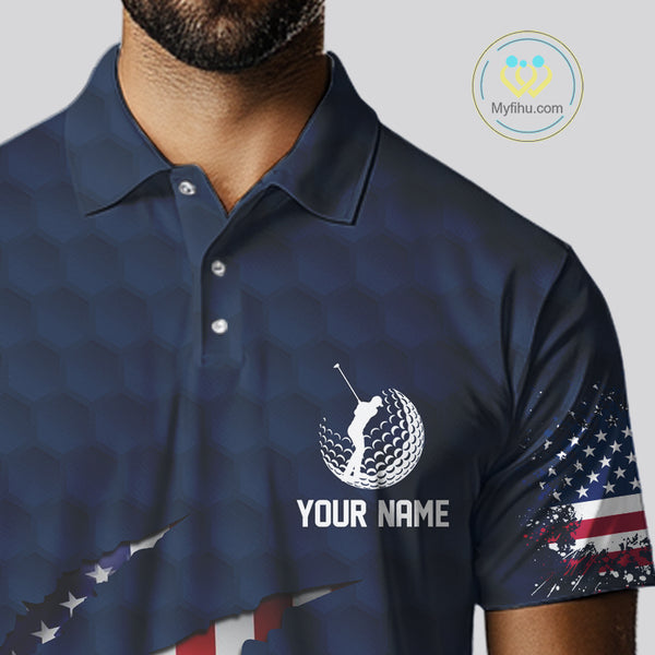 Personalized American Flag Men golf polo shirt, Custom Patriotic Golf Team Shirts For men | Navy Blue NQS10179