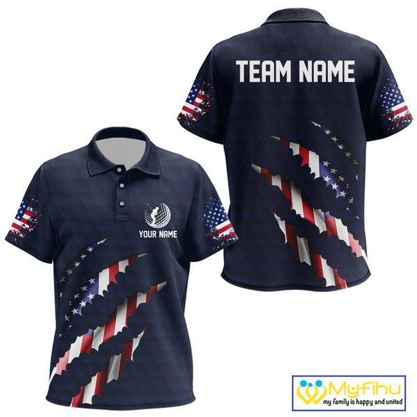 Personalized American Flag Kid golf polo shirt, Custom Patriotic Golf Team Shirts For Kid | Navy Blue NQS10179