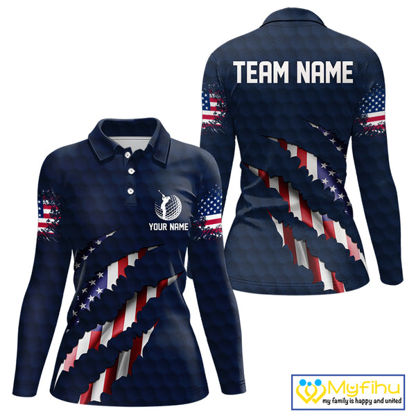 Personalized American Flag Women golf polo shirt, Patriotic Golf Team Shirts For ladies | Navy Blue NQS10179