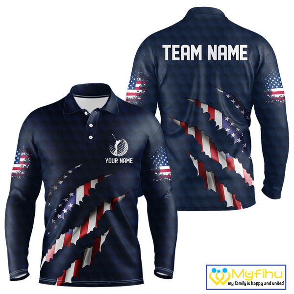 Personalized American Flag Men golf polo shirt, Custom Patriotic Golf Team Shirts For men | Navy Blue NQS10179