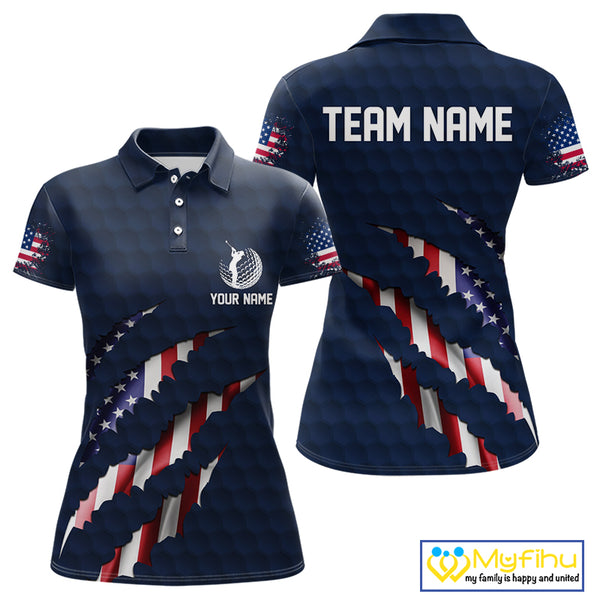 Personalized American Flag Women golf polo shirt, Patriotic Golf Team Shirts For ladies | Navy Blue NQS10179