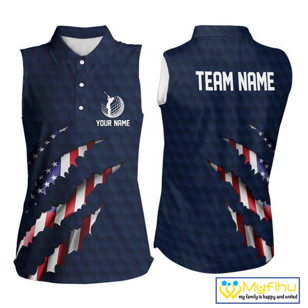 Personalized American Flag Women sleeveless polo shirt Patriotic Ladies Golf Team Shirt | Navy Blue NQS10179