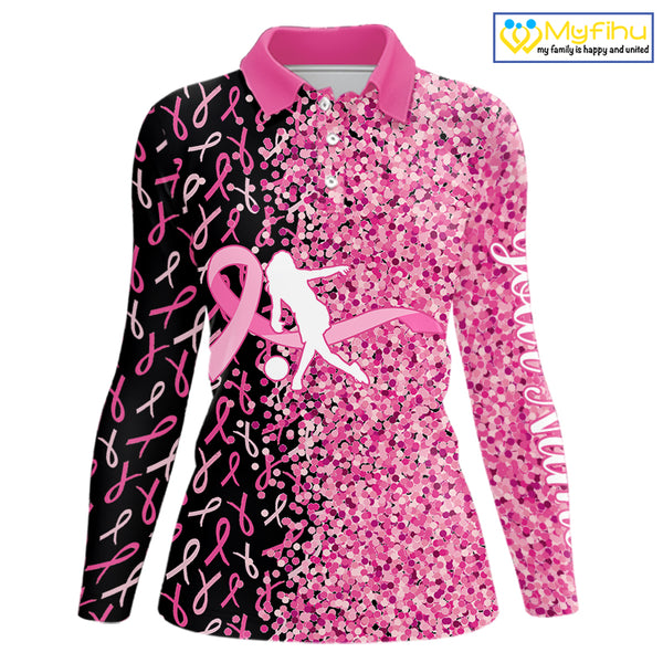Pink glitter ribbon black Bowling Shirts For Women Custom Breast cancer bowling shirt gift for bowler NQS10180