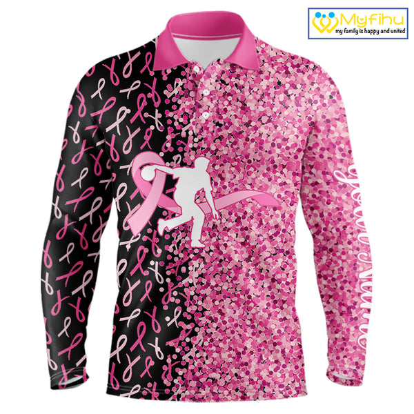 Pink glitter ribbon black Bowling Shirts For Men Custom Breast cancer bowling shirts gift for bowlers NQS10180