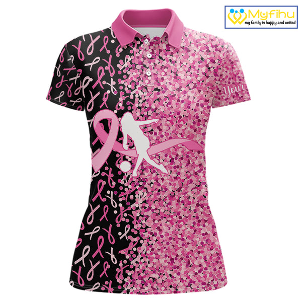 Pink glitter ribbon black Bowling Shirts For Women Custom Breast cancer bowling shirt gift for bowler NQS10180
