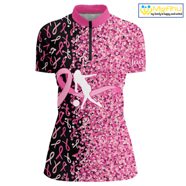 Pink glitter ribbon black Bowling Shirts For Women Custom Breast cancer bowling shirt gift for bowler NQS10180