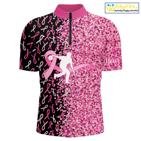 Pink glitter ribbon black Bowling Shirts For Men Custom Breast cancer bowling shirts gift for bowlers NQS10180