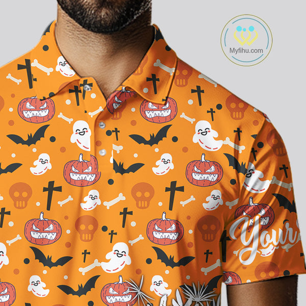 Personalized funny orange Halloween pattern mens golf polo shirts best mens golf wears NQS10314