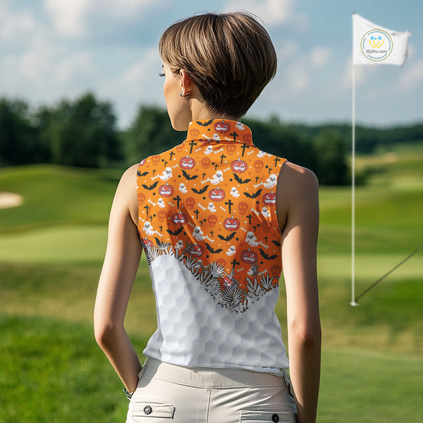 Personalized funny orange Halloween pattern Women sleeveless golf polo shirts best ladies golf wears NQS10314