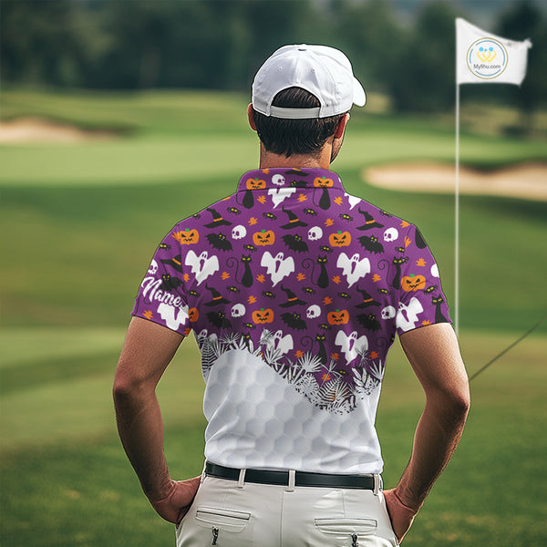 Personalized funny purple Halloween pattern mens golf polo shirts best mens golf wears NQS10315