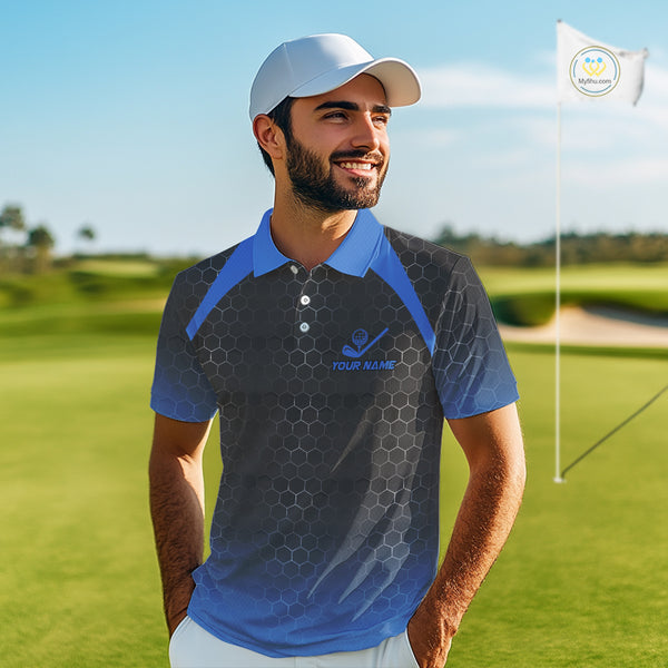Mens golf polo shirts custom black and blue hexagon pattern golf outfits men, cool golf gifts NQS10317