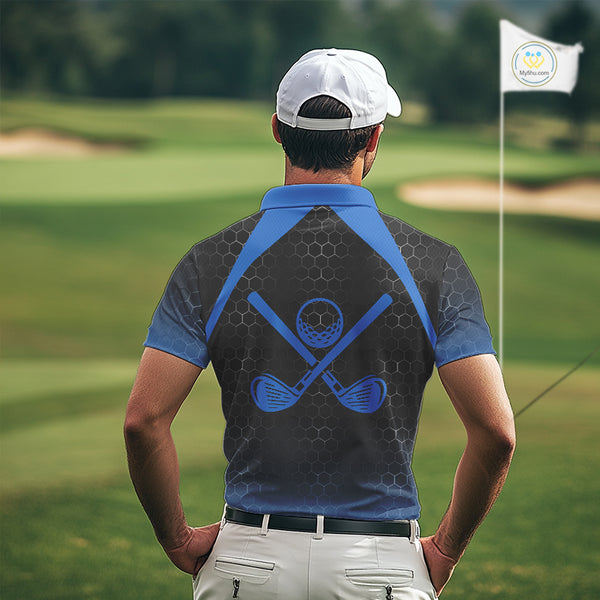 Mens golf polo shirts custom black and blue hexagon pattern golf outfits men, cool golf gifts NQS10317