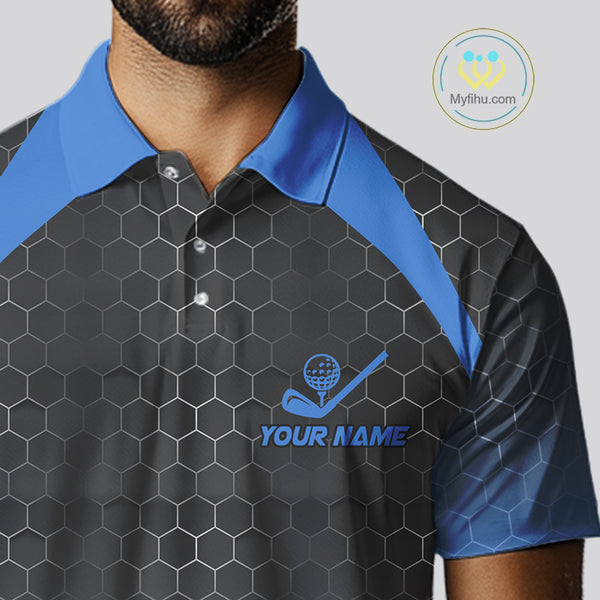 Mens golf polo shirts custom black and blue hexagon pattern golf outfits men, cool golf gifts NQS10317