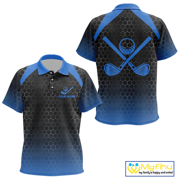 Kid golf polo shirts custom black and blue hexagon pattern golf outfits Kid, cool golf gifts NQS10317