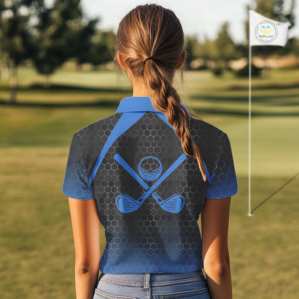 Women golf polo shirts custom black and blue hexagon pattern golf outfits ladies, cool golf gifts NQS10317