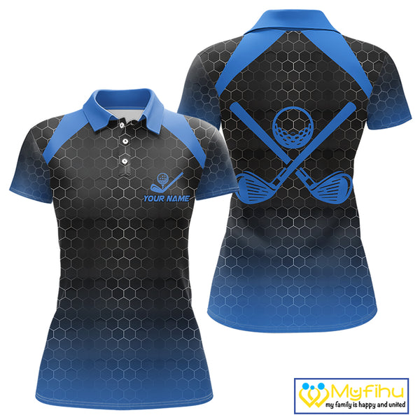 Women golf polo shirts custom black and blue hexagon pattern golf outfits ladies, cool golf gifts NQS10317
