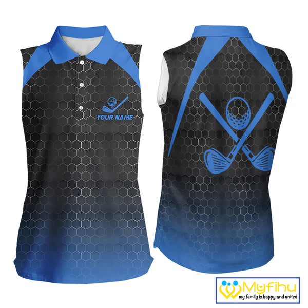 Women sleeveless polo shirt custom black and blue hexagon pattern golf outfits ladies, cool golf gift NQS10317