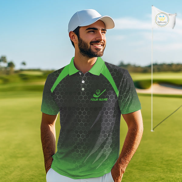 Mens golf polo shirts custom black and green hexagon pattern golf outfits men, cool golf gifts NQS10318