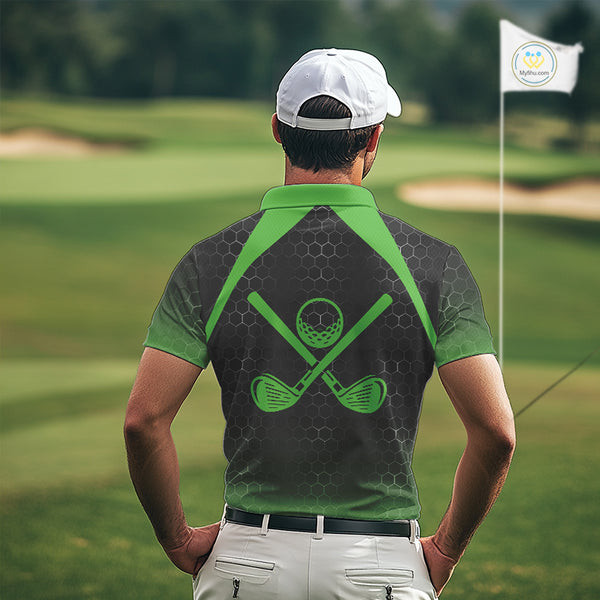 Mens golf polo shirts custom black and green hexagon pattern golf outfits men, cool golf gifts NQS10318