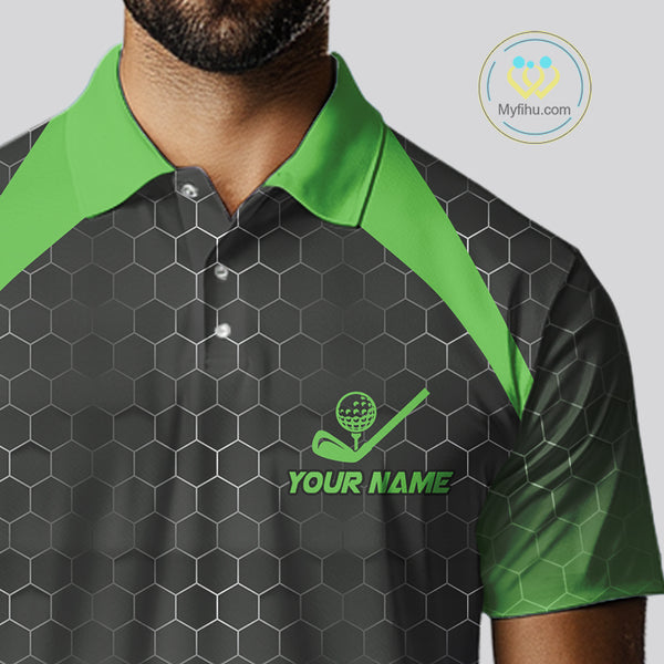 Mens golf polo shirts custom black and green hexagon pattern golf outfits men, cool golf gifts NQS10318