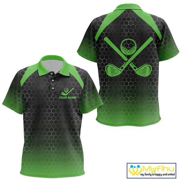 Kid golf polo shirts custom black and green hexagon pattern golf outfits Kid, cool golf gifts NQS10318