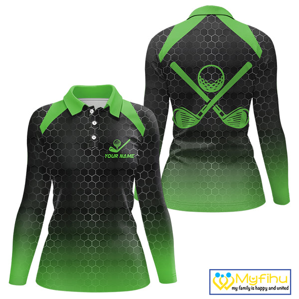 Women golf polo shirts custom black and green hexagon pattern golf outfits ladies, cool golf gifts NQS10318
