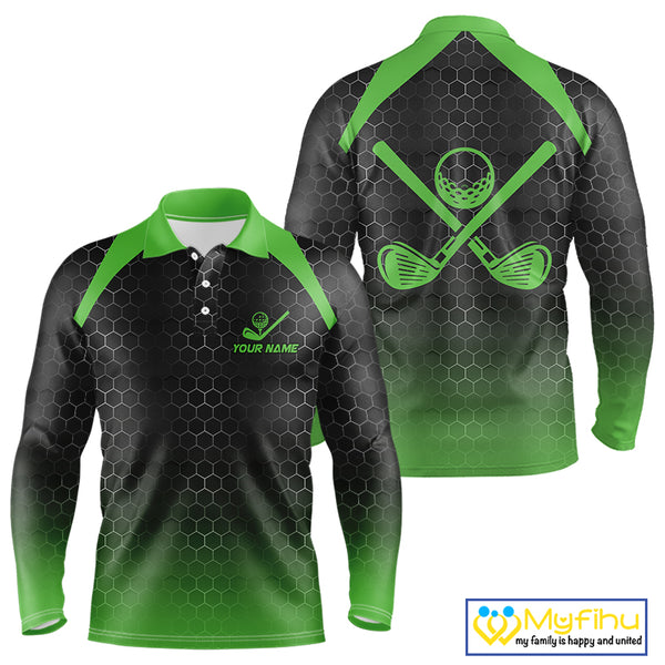 Mens golf polo shirts custom black and green hexagon pattern golf outfits men, cool golf gifts NQS10318