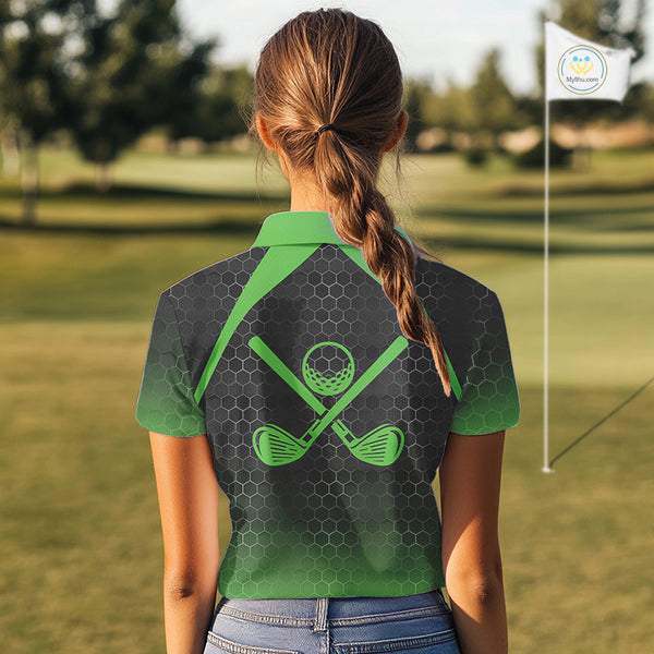 Women golf polo shirts custom black and green hexagon pattern golf outfits ladies, cool golf gifts NQS10318