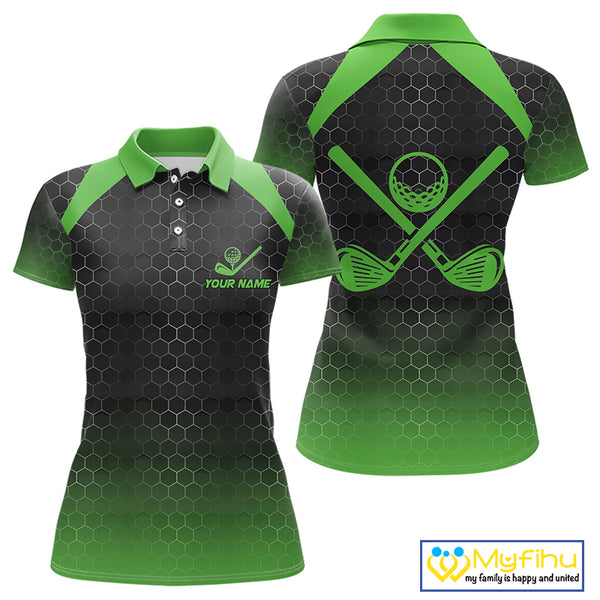 Women golf polo shirts custom black and green hexagon pattern golf outfits ladies, cool golf gifts NQS10318