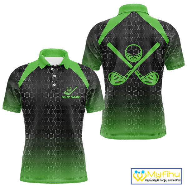 Mens golf polo shirts custom black and green hexagon pattern golf outfits men, cool golf gifts NQS10318