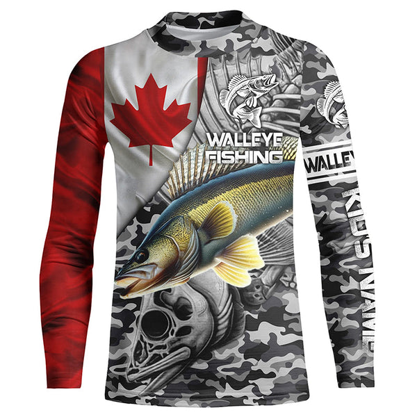 Canadian Flag Walleye Ice Fishing camo Custom long sleeve performance Walleye Fishing shirt jerseys NQS6706