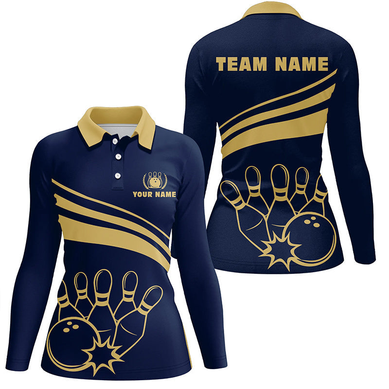 Personalized polo bowling shirts for women, custom gold womens bowling shirts team bowl jersey | Navy NQS6707