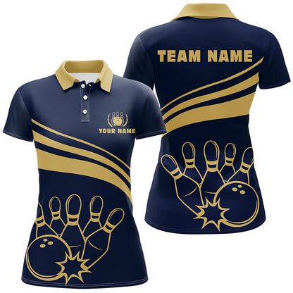 Personalized polo bowling shirts for women, custom gold womens bowling shirts team bowl jersey | Navy NQS6707