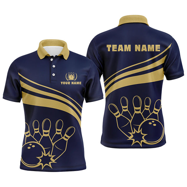 Personalized gold bowling polo shirts for men, custom men's bowling shirt team bowl jersey | Navy NQS6707
