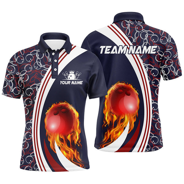 Bowling Polo Shirts For Men Custom camo flame bowling ball fire Bowling Team League Jerseys | Navy NQS6716