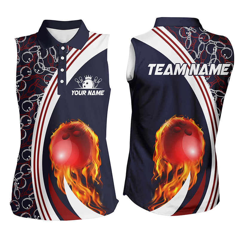 Bowling sleeveless polo For women Custom camo flame bowling ball fire Bowling Team League Jersey| Navy NQS6716