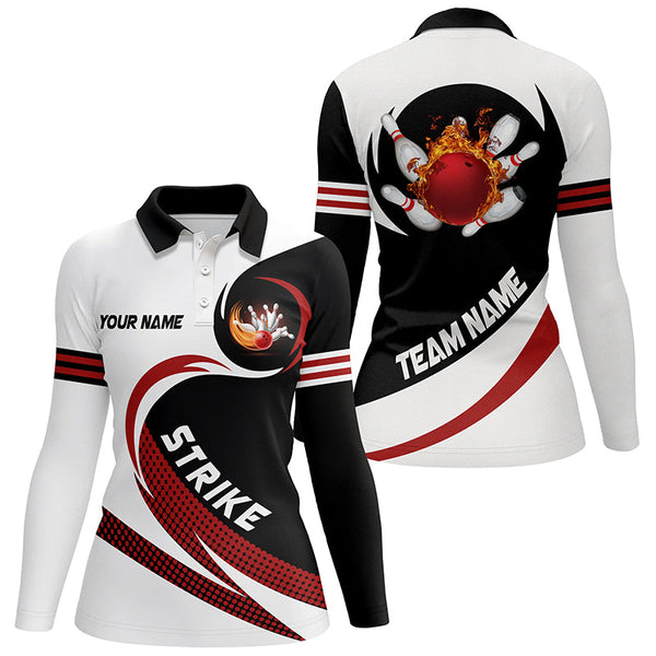 Black and white Bowling Polo Shirts For Women Custom flame bowling ball fire strike Team League Jersey NQS6717