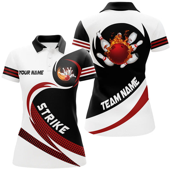 Black and white Bowling Polo Shirts For Women Custom flame bowling ball fire strike Team League Jersey NQS6717