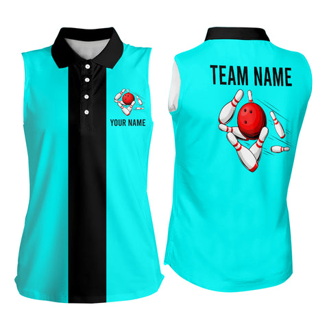 Personalized Cyan Blue and Black Retro Bowling Sleeveless Polos custom vintage bowling team jerseys NQS9046