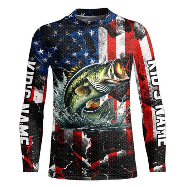Largemouth Bass fishing American flag Custom UV protection performance long sleeve fishing jerseys NQS9276