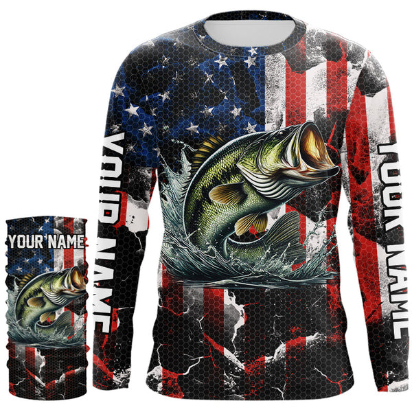 Largemouth Bass fishing American flag Custom UV protection performance long sleeve fishing jerseys NQS9276
