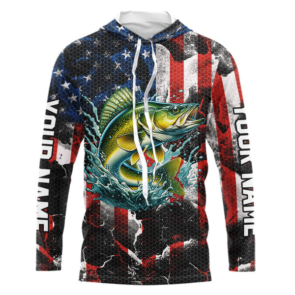 Walleye fishing black American flag Custom UV protection performance long sleeve fishing jerseys NQS9277