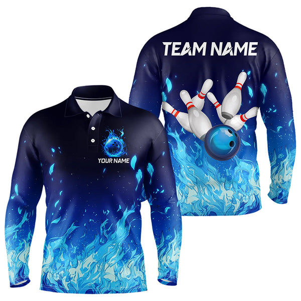 Blue Flame Fire Bowling Polo, Quarter Zip Shirts for Men Custom Bowling Team jerseys, Bowling Outfits NQS9285