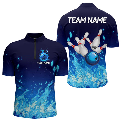 Blue Flame Fire Bowling Polo, Quarter Zip Shirts for Men Custom Bowling Team jerseys, Bowling Outfits NQS9285