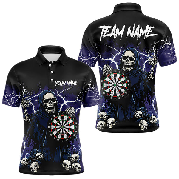 Purple Lightning Thunder Skull Darts Polo, Quarter zip Shirts For Men Custom Team Darts Jersey Outfit NQS9446