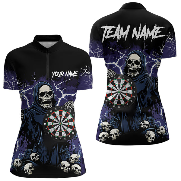 Purple Lightning Thunder Skull Darts Polo, Quarter zip Shirt For Women Custom Team Darts Jersey Outfit NQS9446